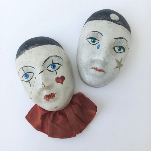 Pair of old used Pierrot masks handmade ceramic