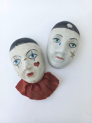 Pair of old used Pierrot masks handmade ceramic