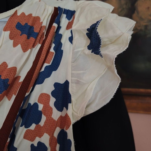 Shoko long summer dress with archaeological pattern, beige and blue