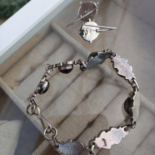 Earrings and bracelet with natural garnets, 925 silver, used, vintage