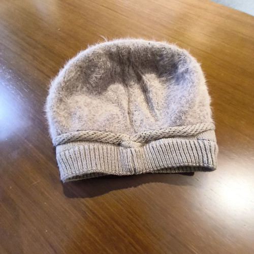 Knitted beret angora style with decorative flower, like new, beige gray