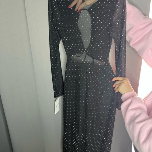 Black dress with rhinestones and front opening, new