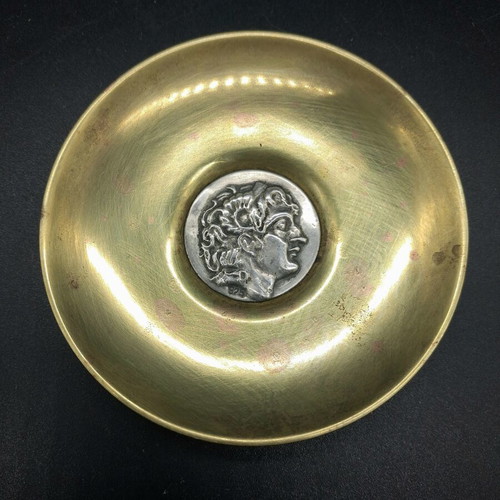 Vintage Decorative Plate Paperweight Lalaounis Style Used, Brass and Silver