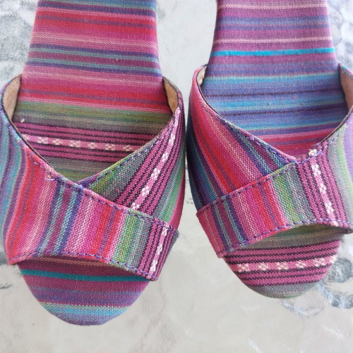 Toms platform sandals with cork and multicolor denim, like new