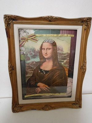 Mona Lisa Handmade Art Print with Rhinestones and Semi-Precious Beads used
