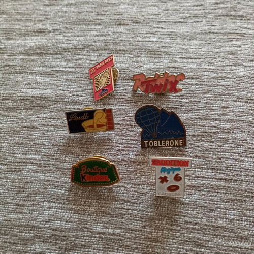 Vintage Metal Chocolate Pins Collection, 6 pcs, 90s brands