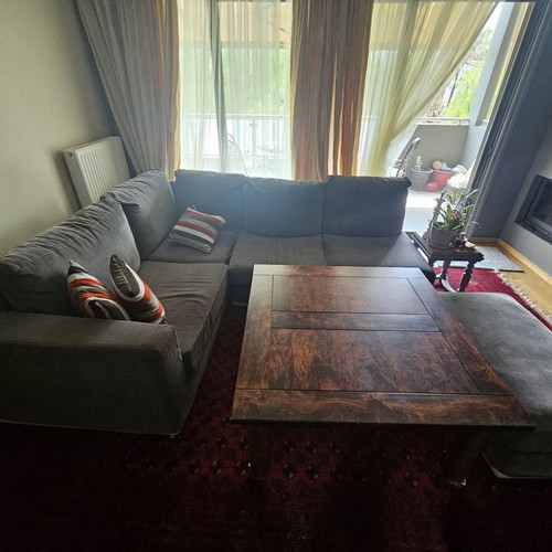 Corner sofa used, solid beech wood, gray, with ottoman extension