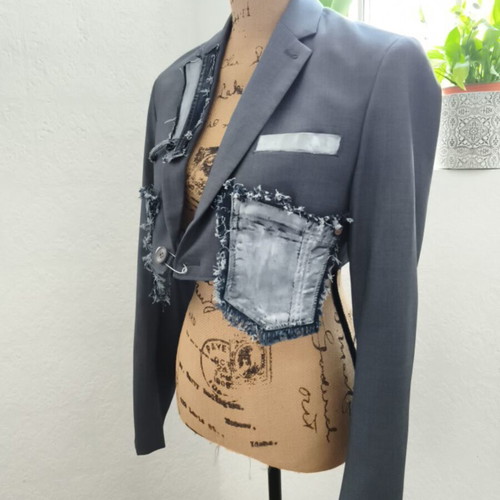 Handmade upcycled cropped blazer with denim details