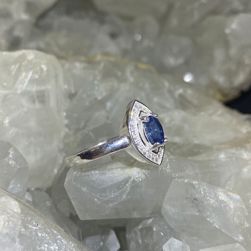 Handmade silver ring with natural blue sapphire and moissanites, size 10