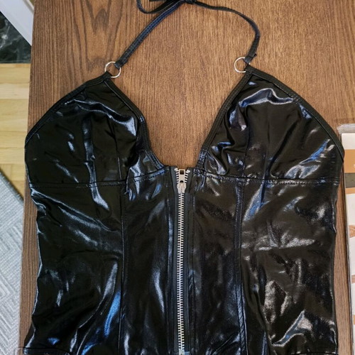 Vinyl bustier and lace top stockings with garters new