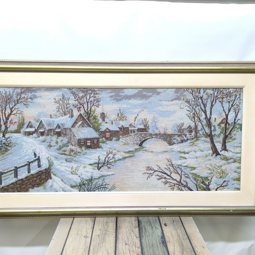 Handmade embroidery depicting snowy village, like new