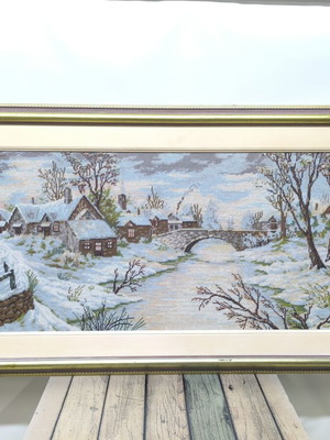 Handmade embroidery depicting snowy village, like new