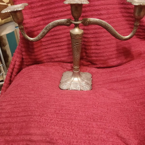 Metal triple candlestick used, ornate and heavy