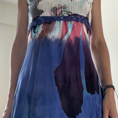 Desigual sleeveless blouse used, size Small with sequins and blue lace