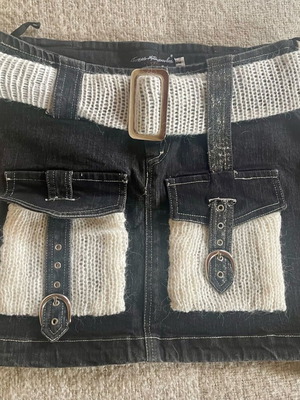 Denim mini skirt Y2K Tassos Mitropoulos new, blue with knitted details