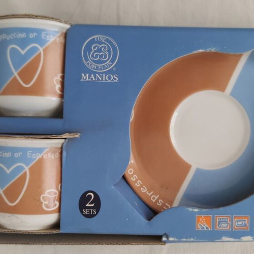 Manios Vintage Porcelain Coffee Set 2 Cups and Saucers New