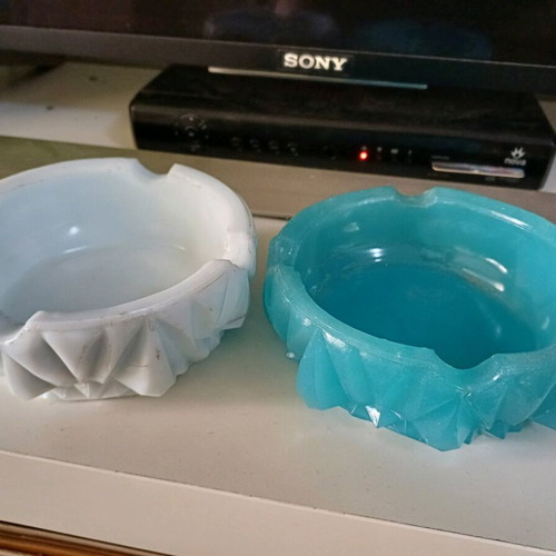 Opaline ashtrays used, pair white and blue