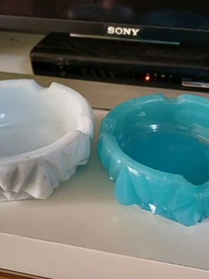 Opaline ashtrays used, pair white and blue