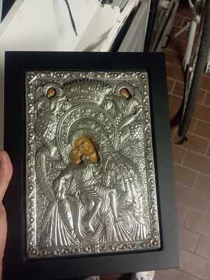 Byzantine Icon Virgin with Child, 925 Silver Coating with Original Certificate