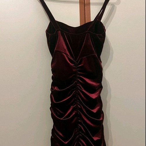 Mini velvet dress with ruching in deep burgundy, brand new
