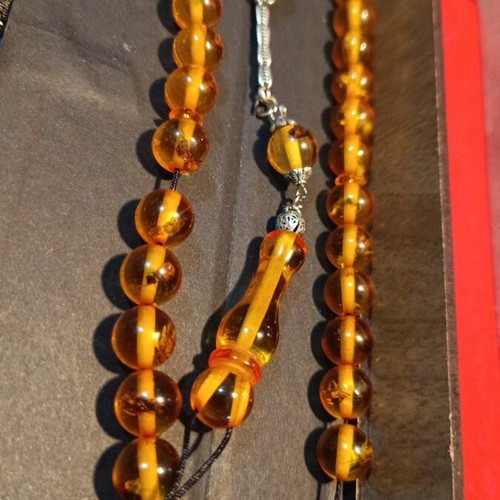 Worry beads handmade from bakelite with amber color and silver finish, new