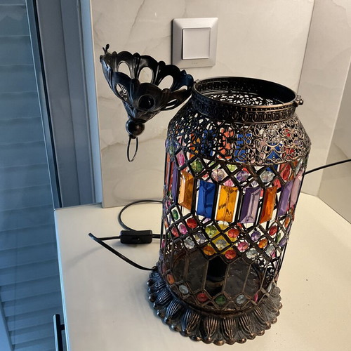 Inart handmade lantern lamp, 45 cm, metal with colorful glass