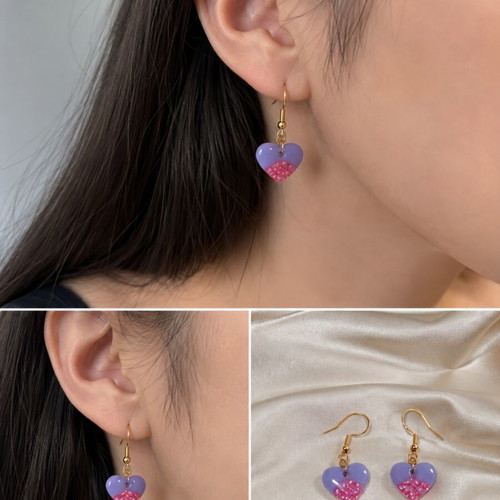 Handmade purple heart earrings with pink stones