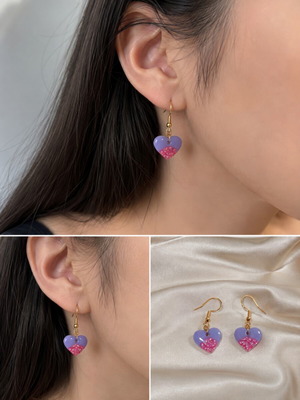 Handmade purple heart earrings with pink stones