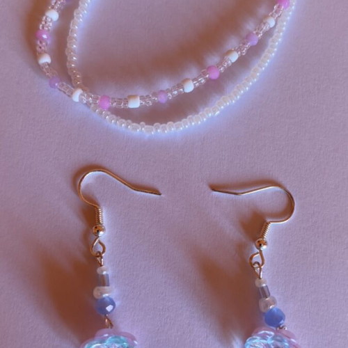 Handmade earrings and double bracelet set in purple and turquoise