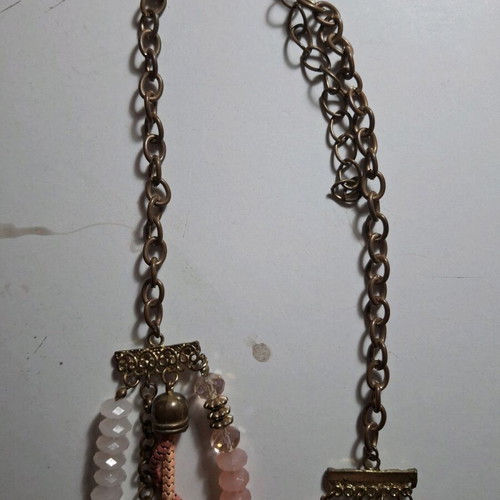 Necklace with pink beads used, chain with patina