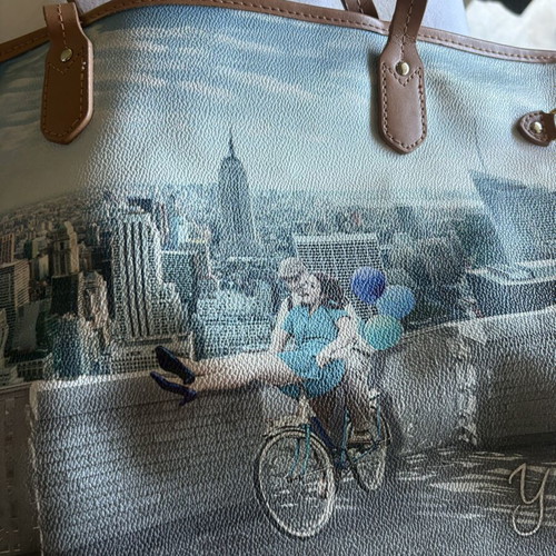 Y Not? Collections shoulder bag with city print, like new, multicolor