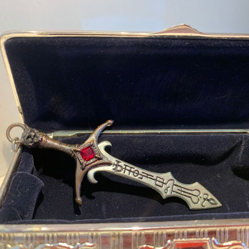 Alchemy Gothic Sword Pendant used, 1993, pewter and crystals
