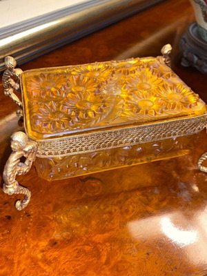 Vintage Amber Glass Jewelry Box used with gilt base and embossed sunflowers