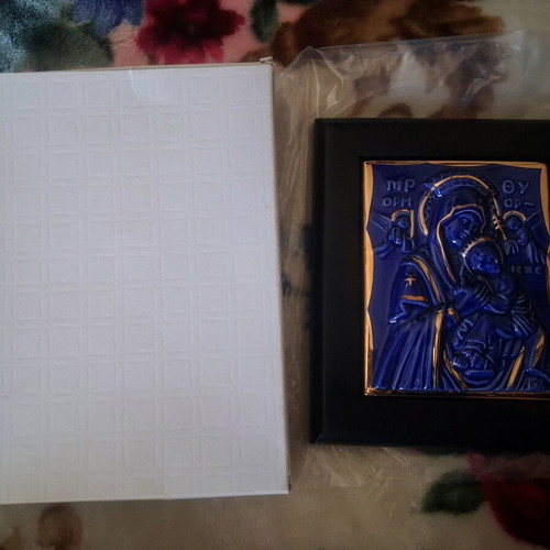 Collectible icon Virgin Mary with Child blue porcelain with gold details new
