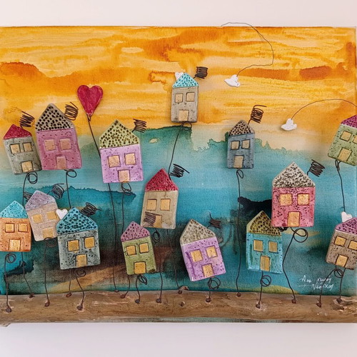Handmade painting with ceramic houses by Georgia Niarchou, new