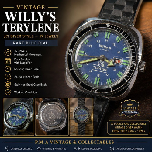 Vintage Willy’s Terylene ICI Diver watch, blue dial, 17 jewels