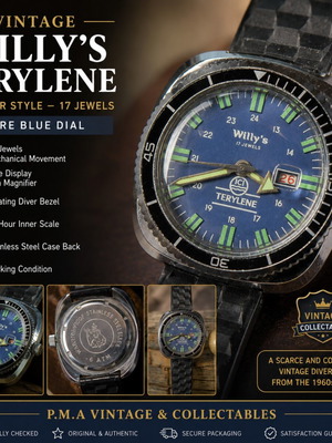 Vintage Willy’s Terylene ICI Diver watch, blue dial, 17 jewels
