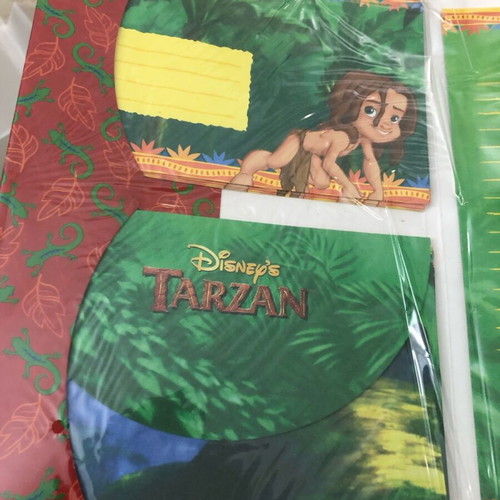 Tarzan Disney school set new with 3 pencils, 2 erasers, keyrings, notecards and envelopes, stamp set 1999