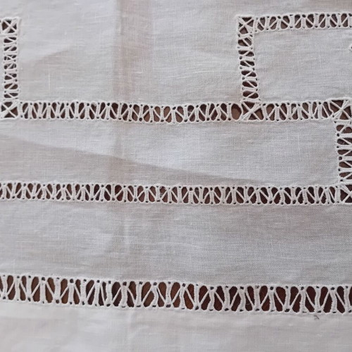 Handmade white large cutwork tablecloth 1x1 French linen