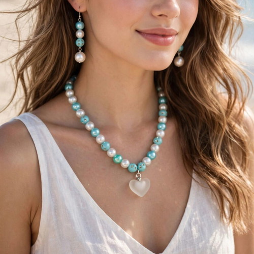 Handmade beaded turquoise and white summer necklace and earrings set new