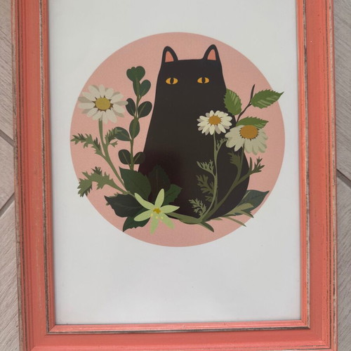 Black Cat Print with Wooden Salmon Frame new