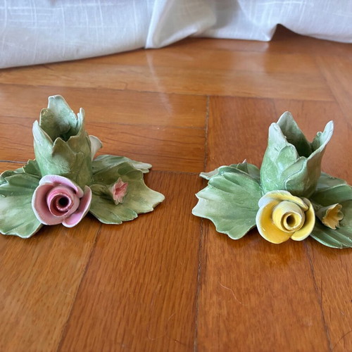 Capodimonte porcelain decorative candle holders set used