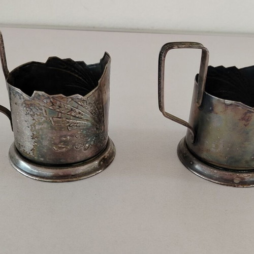 Soviet metal tea glass holders used, set of 2, 1960s era