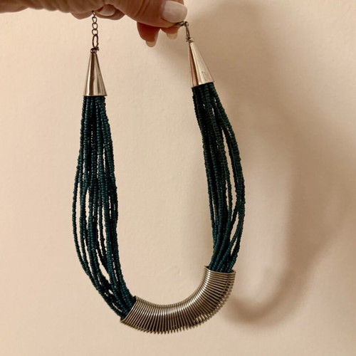 Statement necklace petrol with beads and silver metal detail like new