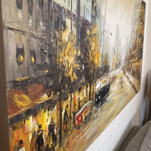 Painting on canvas urban scene with autumn aura like new 140x70 cm