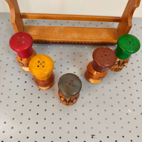 Vintage 1970s Japanese handmade wooden salt and pepper shakers, set of 5 with wall rack