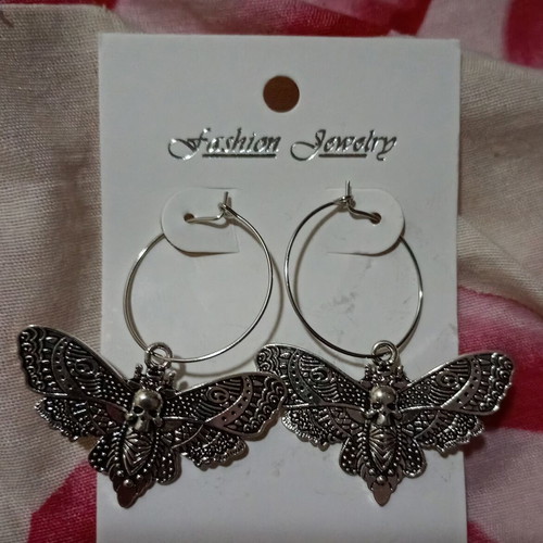 Skull Butterfly Earrings new, silver tone, gothic style
