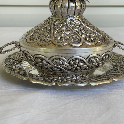 Ornate Silver Bowl Antique with Lid and Plate