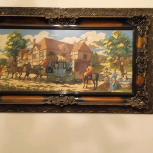 Embroidered painting used, very large with carved frame