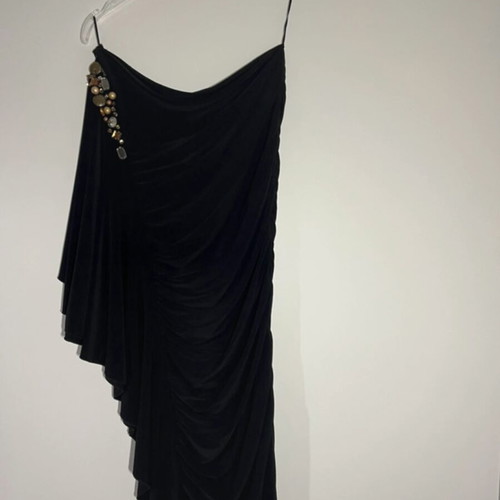 Black evening dress with draped design and metal details like new